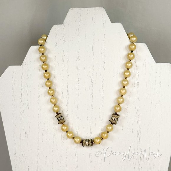 Vintage Jewelry - Vintage Pearl Chain w 3 Barrel Rhinestones Necklace